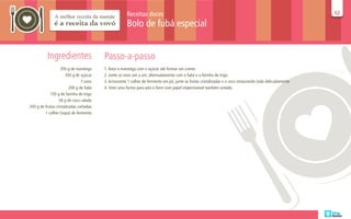 Receitas doces                                                                                       52
                                                                                                                                                           52

                                                      Bolo de fubá especial


          Ingredientes                   Passo-a-passo
                   350 g de manteiga     1. Bata a manteiga com o açúcar até formar um creme.
                      350 g de açúcar    2. Junte os ovos um a um, alternadamente com o fubá e a farinha de trigo.
                                7 ovos   3. Acrescente 1 colher de fermento em pó, junte as frutas cristalizadas e o coco misturando tudo delicadamente.
                         200 g de fubá   4. Unte uma forma para pão e forre com papel impermeável também untado.
            150 g de farinha de trigo
                  50 g de coco ralado
250 g de frutas cristalizadas cortadas
         1 colher (sopa) de fermento
 