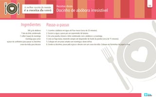 Receitas doces                                                                                       56
                                                                                                                                                                  56

                                                             Docinho de abóbora irresistível


                  Ingredientes                  Passo-a-passo
                            300 g de abóbora    1. Cozinhe a abóbora em água até ficar macia (cerca de 25 minutos).
                   1 lata de leite condensado   2. Escorra a água e passe por um espremedor de batatas.
                 1 colher (sopa) de manteiga    3. Em uma panela, misture o leite condensado com a abóbora e a manteiga.
                         manteiga para untar    4. Leve ao fogo baixo, mexendo sempre até desprender do fundo da panela (cerca de 15 minutos).
açúcar de confeiteiro para passar os docinhos   5. Coloque em um prato untado com manteiga e deixe esfriar.
                  cravo-da-índia para decorar   6. Enrole os docinhos, passe pelo açúcar e decore com um cravo-da-índia. Coloque em forminhas de papel e sirva.
 