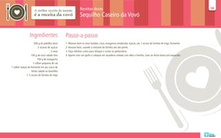 Receitas doces                                                                                       58
                                                                                                                                                                   58

                                                              Sequilho Caseiro da Vovó


                  Ingredientes                   Passo-a-passo
                       500 g de polvilho doce    1. Misture bem os ovos batidos, coco, margarina amolecida, açúcar, sal, 1 xicara de farinha de trigo, fermento.
                           2 xícaras de açúcar   2. Amasse bem, usando o restante da farinha ate dar ponto.
                                        3 ovos   3. Faça rolinhos como para nhoque e cortar os pedacinhos.
                   100 g de coco ralado fino     4. Aperte com um garfo e coloque em assadeira untada com óleo e farinha. Leve ao forno baixo pré-aquecido.
                          100 g de margarina
                      1 colher pequena de sal
1 colher (sopa) de fermento em pó, casca de
                    limão ralada ou baunilha
               1 ½ xicara de farinha de trigo
 