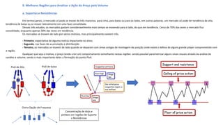 9. Melhores Regiões para Analisar a Ação do Preço pelo Volume
a. Suportes e Resistências
Em termos gerais, o mercado só pode se mover de três maneiras, para cima, para baixo ou para os lados, em outras palavras, um mercado só pode ter tendência de alta,
tendência de baixa ou se mover lateralmente em uma fase consolidada.
Desses três estados, os mercados gastam consideravelmente mais tempo se movendo para o lado, do que em tendência. Cerca de 70% das vezes o mercado fica
consolidado, enquanto apenas 30% das vezes em tendência.
Os mercados se movem de lado por vários motivos, mas principalmente existem três.
- Primeiro, expectativa de alguma notícia impactante no ativo;
- Segundo, nas fases de acumulação e distribuição
- Terceiro, os mercados se movem de lado quando se deparam com áreas antigas de montagem de posição onde existe a defesa de algum grande player comprometido com
a região.
Qualquer que seja o motivo, o preço tende a ter um comportamento semelhante nestas regiões sendo possível parametrizar alguns sinais visuais através da análise de
candles e volume; sendo o mais importante deles a formação do ponto Pivô.
Pivô de Alta Pivô de baixa
Outra Opção de Fraqueza
Concentração de dojis e
pimbars em regiões de Suporte
e Resistências
 