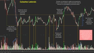 Caixotes Laterais
Alto Volume
marcando o final do
movimento e o nível
de suporte
Entrada de volume
real no direcional
mostrando
disposição
Rompeu com
disposição
mas não deu
continuidade
Rompeu com
disposição
mas não deu
continuidade
Perceba; no modo geral a região com pouquíssimo
volume e vários martelos, dojis mostrando a falta de
interesse na continuação do movimento altista
Start direcional
de fluxo
persistente
mostrando real
disposição
Volumes altos sempre nos
alertam que o mercado está
prestes a mudar. Seu
trabalho é treinar seu olho
para identificar essas
regiões de alto volume
dentro do cenário
condicional
 
