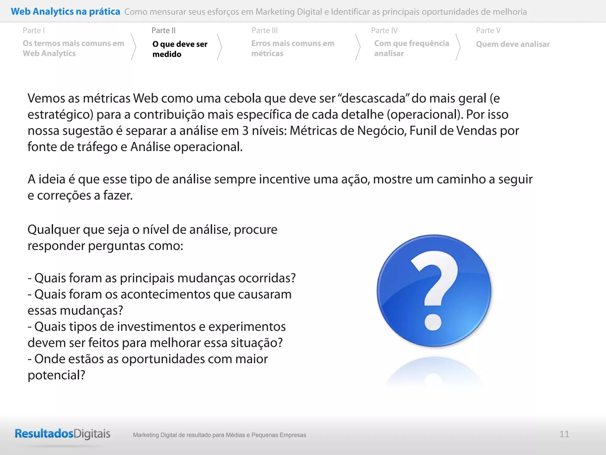 Web Analytics na prática Como mensurar seus esforços em Marketing Digital e Identificar as principais oportunidades de melhoria
  Parte I                           Parte II                            Parte III              Parte IV             Parte V
  Os termos mais comuns em          O que deve ser                      Erros mais comuns em   Com que frequência   Quem deve analisar
  Web Analytics                     medido                              métricas               analisar




    Vemos as métricas Web como uma cebola que deve ser “descascada” do mais geral (e
    estratégico) para a contribuição mais específica de cada detalhe (operacional). Por isso
    nossa sugestão é separar a análise em 3 níveis: Métricas de Negócio, Funil de Vendas por
    fonte de tráfego e Análise operacional.

    A ideia é que esse tipo de análise sempre incentive uma ação, mostre um caminho a seguir
    e correções a fazer.

    Qualquer que seja o nível de análise, procure
    responder perguntas como:

    - Quais foram as principais mudanças ocorridas?
    - Quais foram os acontecimentos que causaram
    essas mudanças?
    - Quais tipos de investimentos e experimentos
    devem ser feitos para melhorar essa situação?
    - Onde estãos as oportunidades com maior
    potencial?



                              Marketing Digital de resultado para Médias e Pequenas Empresas                                             11
 