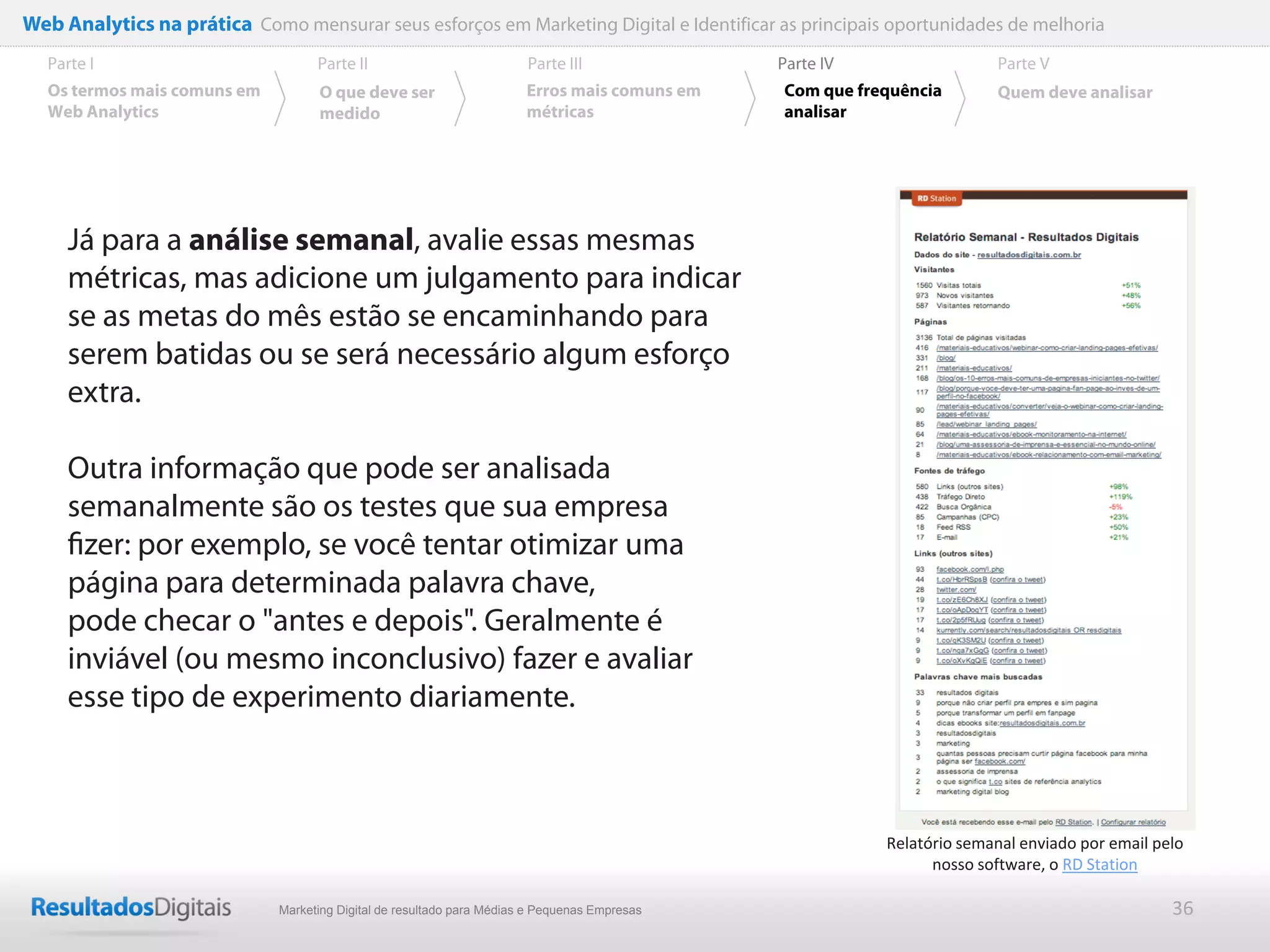 Web Analytics na prática Como mensurar seus esforços em Marketing Digital e Identificar as principais oportunidades de melhoria
  Parte I                           Parte II                            Parte III              Parte IV                 Parte V
  Os termos mais comuns em          O que deve ser                      Erros mais comuns em   Com que frequência       Quem deve analisar
  Web Analytics                     medido                              métricas               analisar




     Já para a análise semanal, avalie essas mesmas
     métricas, mas adicione um julgamento para indicar
     se as metas do mês estão se encaminhando para
     serem batidas ou se será necessário algum esforço
     extra.

     Outra informação que pode ser analisada
     semanalmente são os testes que sua empresa
     ﬁzer: por exemplo, se você tentar otimizar uma
     página para determinada palavra chave,
     pode checar o "antes e depois". Geralmente é
     inviável (ou mesmo inconclusivo) fazer e avaliar
     esse tipo de experimento diariamente.



                                                                                                          Relatório semanal enviado por email pelo
                                                                                                                nosso software, o RD Station

                              Marketing Digital de resultado para Médias e Pequenas Empresas                                                    36
 