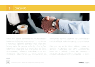 22 Dicas fantásticas de marketing para micro e pequenas empresas
conclusÃO5
Neste mini e-book apresentamos muitas ideias e
conceitos, todas diferentes entre si, com objetivos
e naturezas bastante distintas - mas todas elas
fazem parte da mesma rede de informações,
totalmente integrada, que chamamos de plano
de marketing. Toda essa massa de dados está
interligada, relacionando as necessidades do
consumidor com os objetivos de lucratividade e
crescimento de sua micro ou pequena empresa.
Falamos, no início deste e-book, sobre as
grandes mudanças que vêm acontecendo,
tanto na sociedade quanto no mercado -
entidades absolutamente interligadas -, e sobre
 