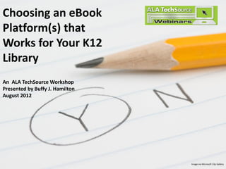 Choosing an eBook
Platform(s) that
Works for Your K12
Library
An ALA TechSource Workshop
Presented by Buffy J. Hamilton
August 2012




                                 Image via Microsoft Clip Gallery
 