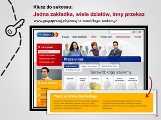Klucz do sukcesu:
Jedna zakładka, wiele działów, inny przekaz
www.grupapracuj.pl/pracuj-z-nami/kogo-szukamy/
40
 