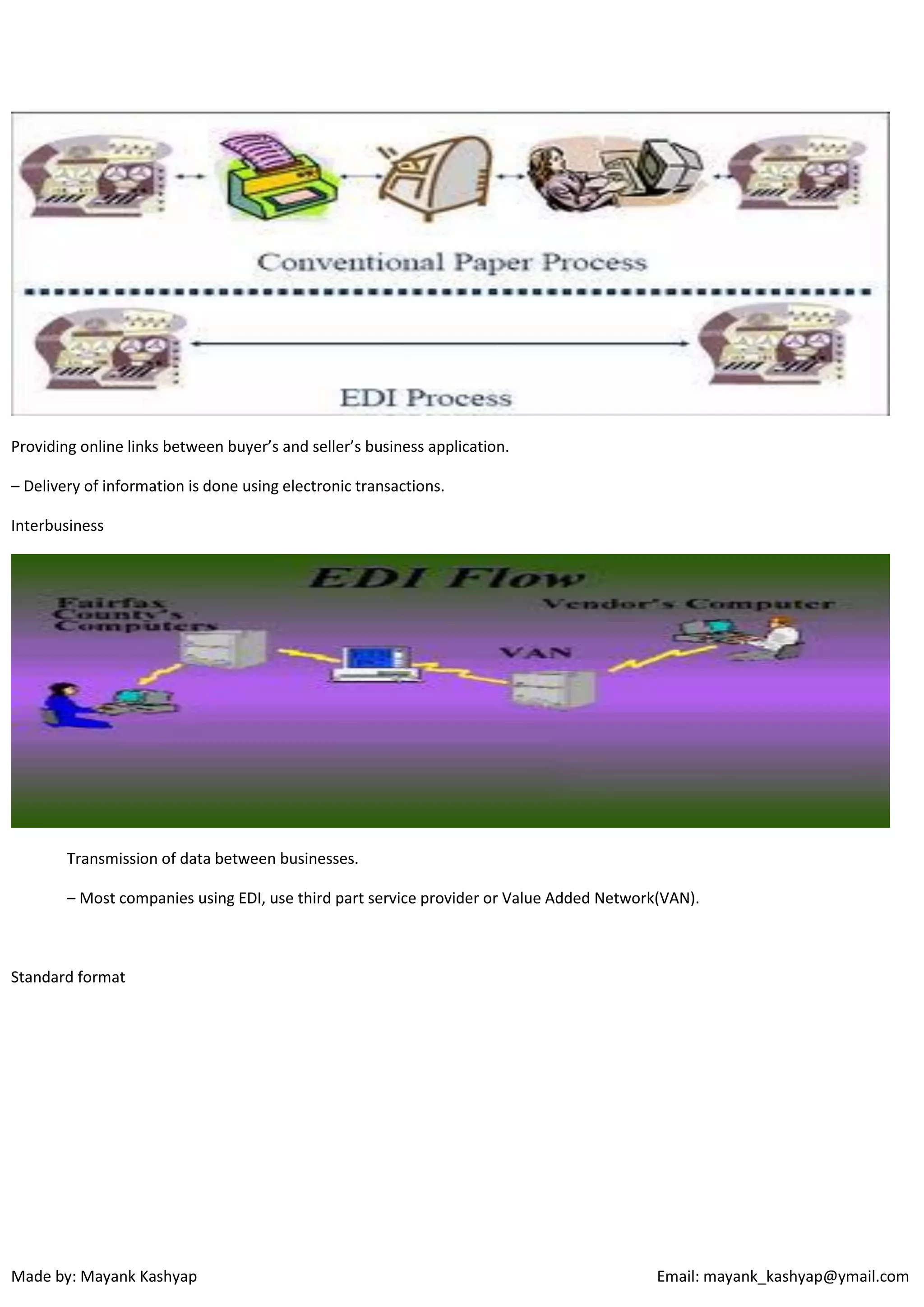 Providing online links between buyer’s and seller’s business application.
– Delivery of information is done using electronic transactions.
Interbusiness

Transmission of data between businesses.
– Most companies using EDI, use third part service provider or Value Added Network(VAN).

Standard format

Made by: Mayank Kashyap

Email: mayank_kashyap@ymail.com

 