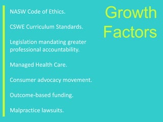NASW Code of Ethics.
                                Growth
CSWE Curriculum Standards.

Legislation mandating greater
    ...