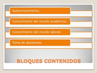 Autoconocimiento.

Conocimiento del mundo académico.
Conocimiento del mundo laboral.
Toma de decisiones.

BLOQUES CONTENIDOS

 