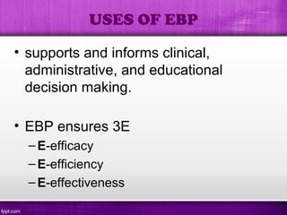 • supports and informs clinical,
administrative, and educational
decision making.
• EBP ensures 3E
–E-efficacy
–E-efficiency
–E-effectiveness
USES OF EBP
 