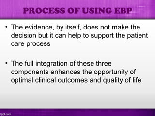 PROCESS OF USING EBP
• The evidence, by itself, does not make the
decision but it can help to support the patient
care process
• The full integration of these three
components enhances the opportunity of
optimal clinical outcomes and quality of life
 