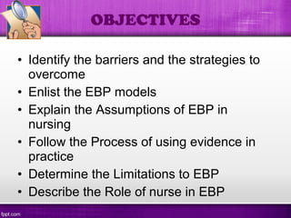• Identify the barriers and the strategies to
overcome
• Enlist the EBP models
• Explain the Assumptions of EBP in
nursing
• Follow the Process of using evidence in
practice
• Determine the Limitations to EBP
• Describe the Role of nurse in EBP
OBJECTIVES
 