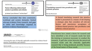 Survey concluded that time constraints,
workload and system demands, limited
relevant evidence from research, and gaps
in skills and knowledge required to
perform evidence-based practice
A formal translating research into practice
model is presented as a means of developing
a strategic plan that considers all relevant
factors and maximizes acceptance of
evidence-based practice into prosthetics and
orthotics clinical practice
Practitioners have stated a desire for research and
have identified a list of research needs but lack
the training or resources necessary to conduct the
research. A gulf also exists between the perceived
research needs and the clinically applicable
research that is being produced, possibly because
of the broad nature of those needs.
 
