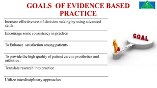 GOALS OF EVIDENCE BASED
PRACTICE
Increase effectiveness of decision making by using advanced
skills
Encourage some consistency in practice
To Enhance satisfaction among patients .
To provide the high quality of patient care in prosthetics and
orthotics .
Translate research into practice
Utilize interdisciplinary approaches
 