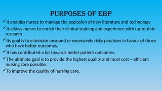 Purposes of EBP
It enables nurses to manage the explosion of new literature and technology
It allows nurses to enrich their clinical training and experience with up-to-date
research
Its goal is to eliminate unsound or excessively risky practices in favour of those
who have better outcomes.
It has contributed a lot towards better patient outcomes.
The ultimate goal is to provide the highest quality and most cost – efficient
nursing care possible.
To improve the quality of nursing care.
 