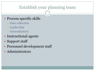 Establish your planning teamProcess specific skillsData collectionLeadershipGeneralizationInstructional agentsSupport staffPersonnel development staffAdministrators