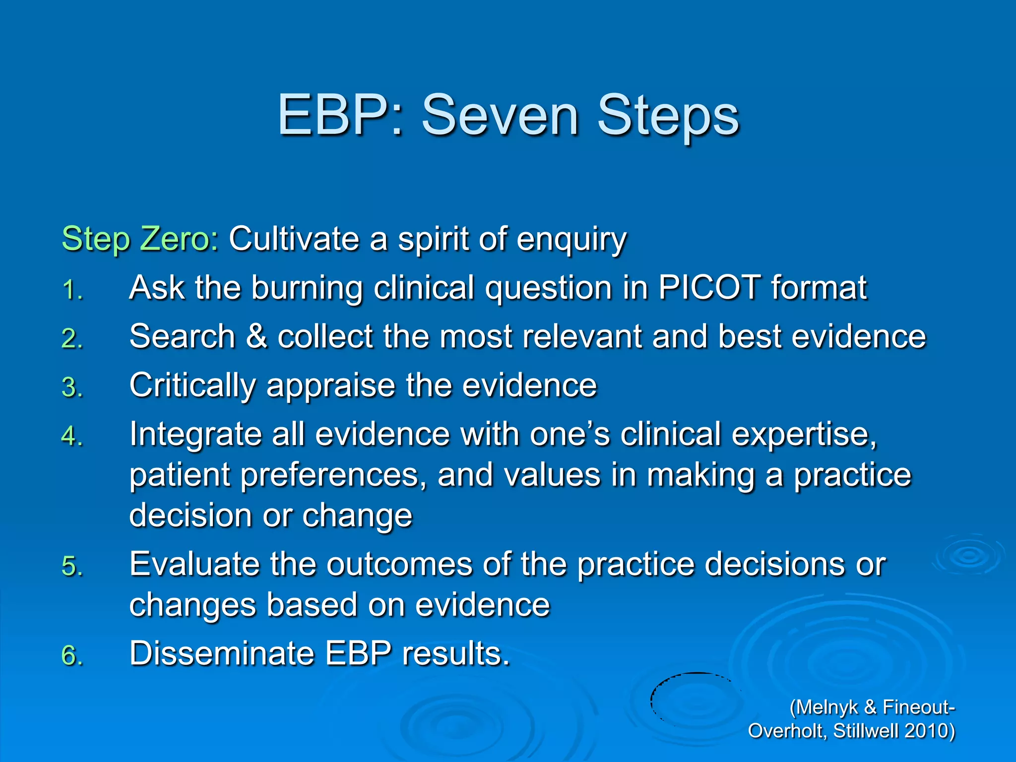 (Melnyk & Fineout-
Overholt, Stillwell 2010)
EBP: Seven Steps
Step Zero: Cultivate a spirit of enquiry
1. Ask the burning clinical question in PICOT format
2. Search & collect the most relevant and best evidence
3. Critically appraise the evidence
4. Integrate all evidence with one‟s clinical expertise,
patient preferences, and values in making a practice
decision or change
5. Evaluate the outcomes of the practice decisions or
changes based on evidence
6. Disseminate EBP results.
 