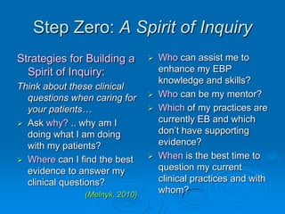Step Zero: A Spirit of Inquiry
Strategies for Building a
Spirit of Inquiry:
Think about these clinical
questions when caring for
your patients…
 Ask why? .. why am I
doing what I am doing
with my patients?
 Where can I find the best
evidence to answer my
clinical questions?
(Melnyk, 2010)
 Who can assist me to
enhance my EBP
knowledge and skills?
 Who can be my mentor?
 Which of my practices are
currently EB and which
don‟t have supporting
evidence?
 When is the best time to
question my current
clinical practices and with
whom?
 