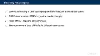 ● Without interacting a user space program eBPF has just a limited use-cases
● EBPF uses a shared MAPs to gap the overlap ...