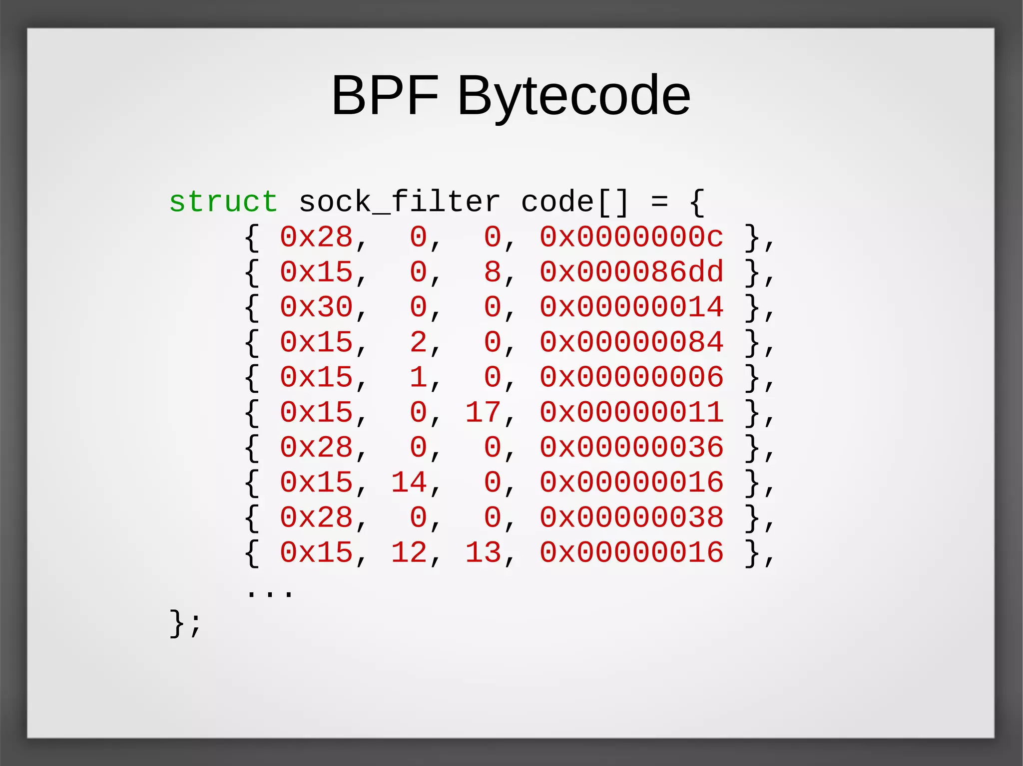 BPF Bytecode
struct sock_filter code[] = {
{ 0x28, 0, 0, 0x0000000c },
{ 0x15, 0, 8, 0x000086dd },
{ 0x30, 0, 0, 0x00000014 },
{ 0x15, 2, 0, 0x00000084 },
{ 0x15, 1, 0, 0x00000006 },
{ 0x15, 0, 17, 0x00000011 },
{ 0x28, 0, 0, 0x00000036 },
{ 0x15, 14, 0, 0x00000016 },
{ 0x28, 0, 0, 0x00000038 },
{ 0x15, 12, 13, 0x00000016 },
...
};
 