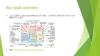 Bcc-tools overview
u ここでご紹介したbcc-toolsは実はほんの⼀部で、このほかに⾮常に多くのツールが
⽤意されています
u 参考: https://github.com/iovisor/bcc#tools 43
 
