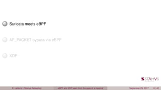 1 Suricata meets eBPF
2 AF_PACKET bypass via eBPF
3 XDP
É. Leblond (Stamus Networks) eBPF and XDP seen from the eyes of a meerkat September 29, 2017 8 / 42
 