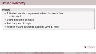 Broken symmetry
History
T. Herbert introduce asymmetrical hash function in ﬂow
Kernel 4.2
Users did start to complain
And our quest did begin
Fixed in 4.6 and pushed to stable by David S. Miller
É. Leblond (Stamus Networks) eBPF and XDP seen from the eyes of a meerkat September 29, 2017 12 / 42
 