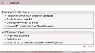 eBPF cluster
Userspace to the rescue
Program your own hash function in userspace
Available since Linux 4.3
Developed by Willem de Bruijn
Using eBPF infrastructure by Alexei Storovoitov
eBPF cluster: ippair
IP pair load balancing
Perfect for xbit
ebpf-lb-file variable in af-packet iface conﬁguration
É. Leblond (Stamus Networks) eBPF and XDP seen from the eyes of a meerkat September 29, 2017 13 / 42
 