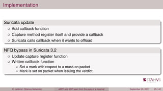Implementation
Suricata update
Add callback function
Capture method register itself and provide a callback
Suricata calls callback when it wants to ofﬂoad
NFQ bypass in Suricata 3.2
Update capture register function
Written callback function
Set a mark with respect to a mask on packet
Mark is set on packet when issuing the verdict
É. Leblond (Stamus Networks) eBPF and XDP seen from the eyes of a meerkat September 29, 2017 25 / 42
 