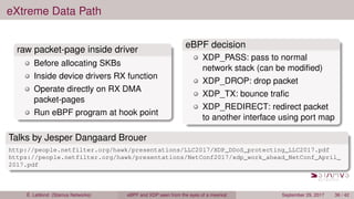 eXtreme Data Path
raw packet-page inside driver
Before allocating SKBs
Inside device drivers RX function
Operate directly on RX DMA
packet-pages
Run eBPF program at hook point
eBPF decision
XDP_PASS: pass to normal
network stack (can be modiﬁed)
XDP_DROP: drop packet
XDP_TX: bounce traﬁc
XDP_REDIRECT: redirect packet
to another interface using port map
Talks by Jesper Dangaard Brouer
http://people.netfilter.org/hawk/presentations/LLC2017/XDP_DDoS_protecting_LLC2017.pdf
https://people.netfilter.org/hawk/presentations/NetConf2017/xdp_work_ahead_NetConf_April_
2017.pdf
É. Leblond (Stamus Networks) eBPF and XDP seen from the eyes of a meerkat September 29, 2017 36 / 42
 