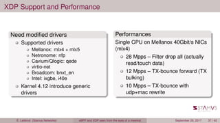 XDP Support and Performance
Need modiﬁed drivers
Supported drivers
Mellanox: mlx4 + mlx5
Netronome: nfp
Cavium/Qlogic: qede
virtio-net
Broadcom: bnxt_en
Intel: ixgbe, i40e
Kernel 4.12 introduce generic
drivers
Performances
Single CPU on Mellanox 40Gbit/s NICs
(mlx4)
28 Mpps – Filter drop all (actually
read/touch data)
12 Mpps – TX-bounce forward (TX
bulking)
10 Mpps – TX-bounce with
udp+mac rewrite
É. Leblond (Stamus Networks) eBPF and XDP seen from the eyes of a meerkat September 29, 2017 37 / 42
 