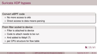 Suricata XDP bypass
Convert eBPF code
No more access to skb
Direct access to data means parsing
From ﬁlter socket to device
Filter is attached to device
Code to attach needs to be run
And added to libbpf (?)
per CPU structure for ﬂow table
É. Leblond (Stamus Networks) eBPF and XDP seen from the eyes of a meerkat September 29, 2017 38 / 42
 