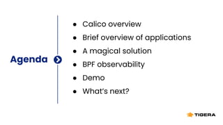 Agenda
● Calico overview
● Brief overview of applications
● A magical solution
● BPF observability
● Demo
● What’s next?
 