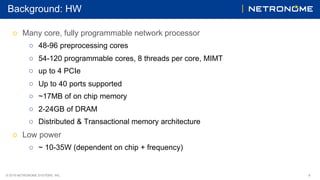 ©"2018"NETRONOME"SYSTEMS,"INC. 4
Background:"HW
○ Many"core,"fully"programmable"network"processor
○ 48K96"preprocessing"cores
○ 54K120"programmable"cores,"8"threads"per"core,"MIMT
○ up"to"4"PCIe
○ Up to 40"ports"supported
○ ~17MB"of"on"chip"memory
○ 2K24GB of DRAM
○ Distributed"&"Transactional"memory architecture
○ Low"power
○ ~"10K35W"(dependent"on"chip"+"frequency)
 