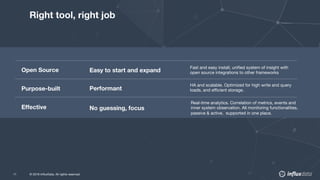 © 2018 InfluxData. All rights reserved.11 © 2019 InfluxData. All rights reserved.11
Right tool, right job
Fast and easy install, unified system of insight with
open source integrations to other frameworks
HA and scalable. Optimized for high write and query
loads, and efficient storage.
Real-time analytics. Correlation of metrics, events and
inner system observation. All monitoring functionalities,
passive & active, supported in one place.
Open Source Easy to start and expand
Performant
No guessing, focus
Purpose-built
Effective
 