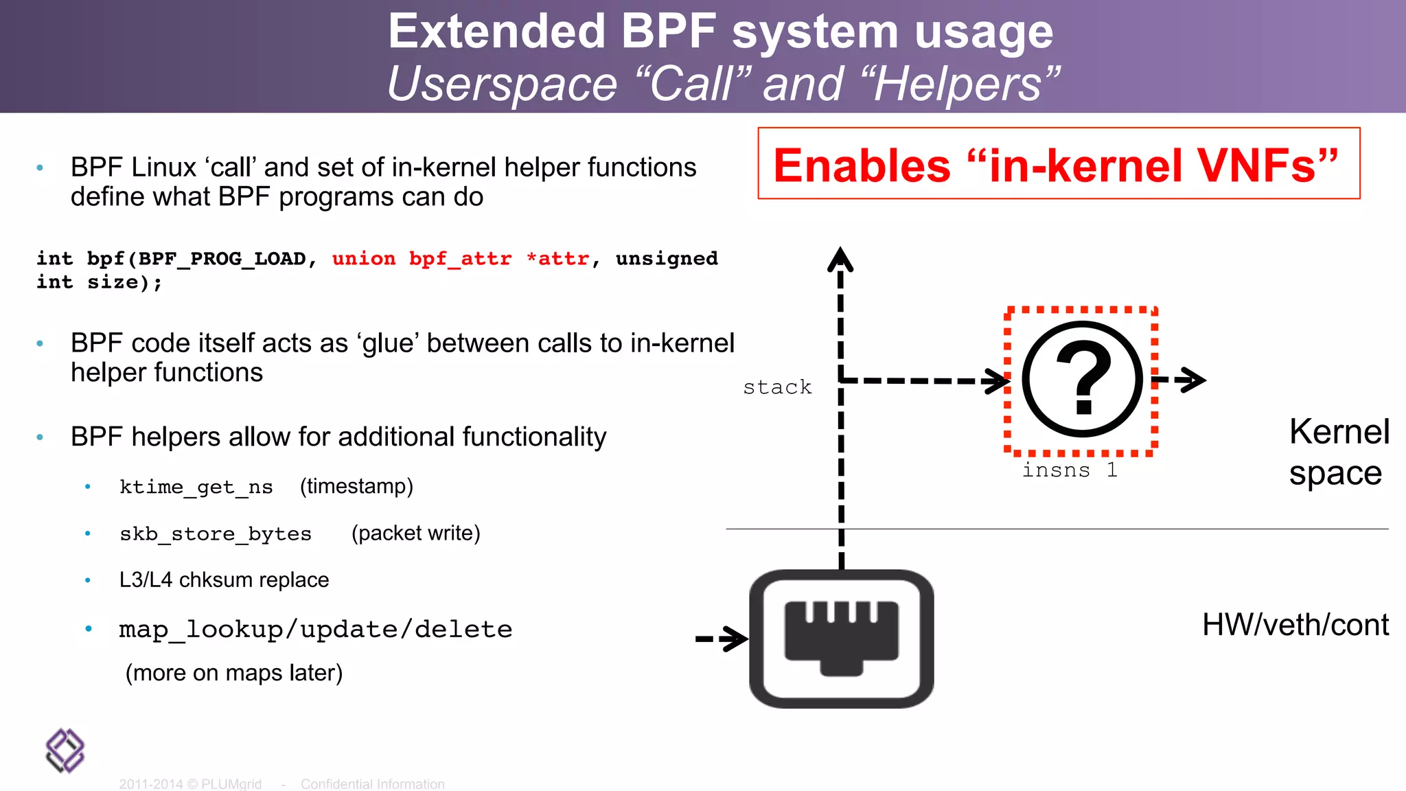 2011-2014 © PLUMgrid - Confidential Information
•  BPF Linux ‘call’ and set of in-kernel helper functions
define what BPF programs can do
int bpf(BPF_PROG_LOAD, union bpf_attr *attr, unsigned
int size);
•  BPF code itself acts as ‘glue’ between calls to in-kernel
helper functions
•  BPF helpers allow for additional functionality
•  ktime_get_ns (timestamp)
•  skb_store_bytes (packet write)
•  L3/L4 chksum replace
•  map_lookup/update/delete
(more on maps later)
Extended BPF system usage
Userspace “Call” and “Helpers”
insns 1
stack
Kernel
space
HW/veth/cont
Enables “in-kernel VNFs”
 