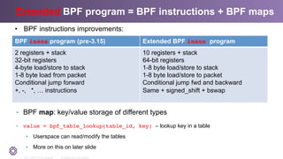 2011-2014 © PLUMgrid - Confidential Information
Extended BPF program = BPF instructions + BPF maps
•  BPF map: key/value storage of different types
•  value = bpf_table_lookup(table_id, key) – lookup key in a table
•  Userspace can read/modify the tables
•  More on this on later slide
BPF insns program (pre-3.15) Extended BPF insns program
2 registers + stack
32-bit registers
4-byte load/store to stack
1-8 byte load from packet
Conditional jump forward
+, -, *, … instructions
10 registers + stack
64-bit registers
1-8 byte load/store to stack
1-8 byte load/store to packet
Conditional jump fwd and backward
Same + signed_shift + bswap
•  BPF instructions improvements:
 