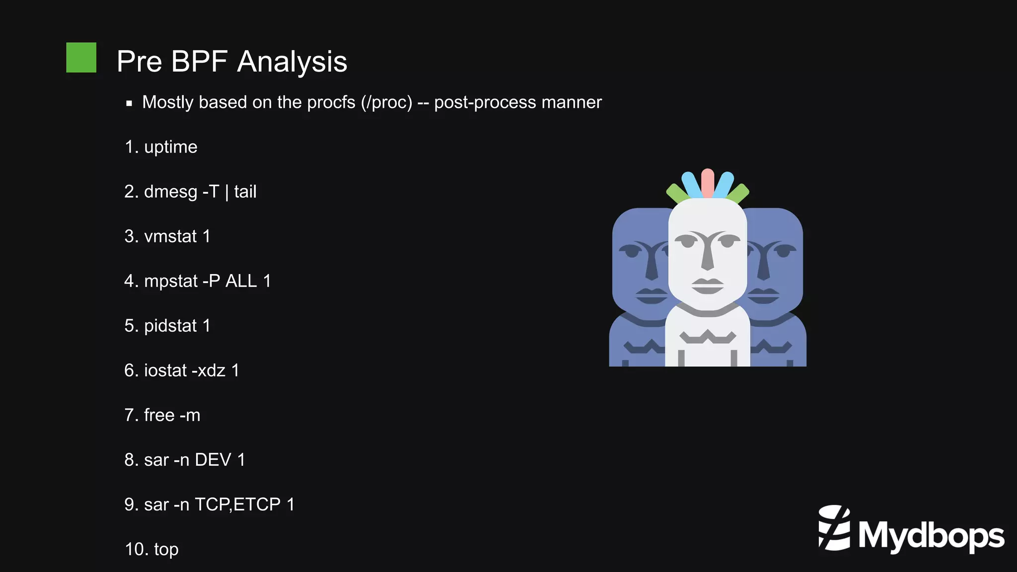 Pre BPF Analysis
1. uptime
2. dmesg -T | tail
3. vmstat 1
4. mpstat -P ALL 1
5. pidstat 1
6. iostat -xdz 1
7. free -m
8. sar -n DEV 1
9. sar -n TCP,ETCP 1
10. top
Mostly based on the procfs (/proc) -- post-process manner
 
