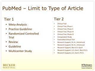 PubMed – Limit to Type of Article

Tier 1                      Tier 2
                            •   Clinical Trial
 • Meta‐Analysis            •   Clinical Trial, Phase I
 • Practice Guideline       •   Clinical Trial, Phase II
                            •   Clinical Trial, Phase III
 • Randomized Controlled    •   Clinical Trial, Phase IV
   Trial                    •   Comparative Study
                            •   Controlled Clinical Trial
 • Review                   •   Research Support, N.I.H., Extramural
                            •   Research Support, N.I.H., Intramural
 • Guideline                •   Research Support, Non‐U.S. Gov't
                            •   Research Support, U.S. Gov't, Non‐P.H.S.
 • Multicenter Study        •   Research Support, U.S. Gov't, P.H.S.
 