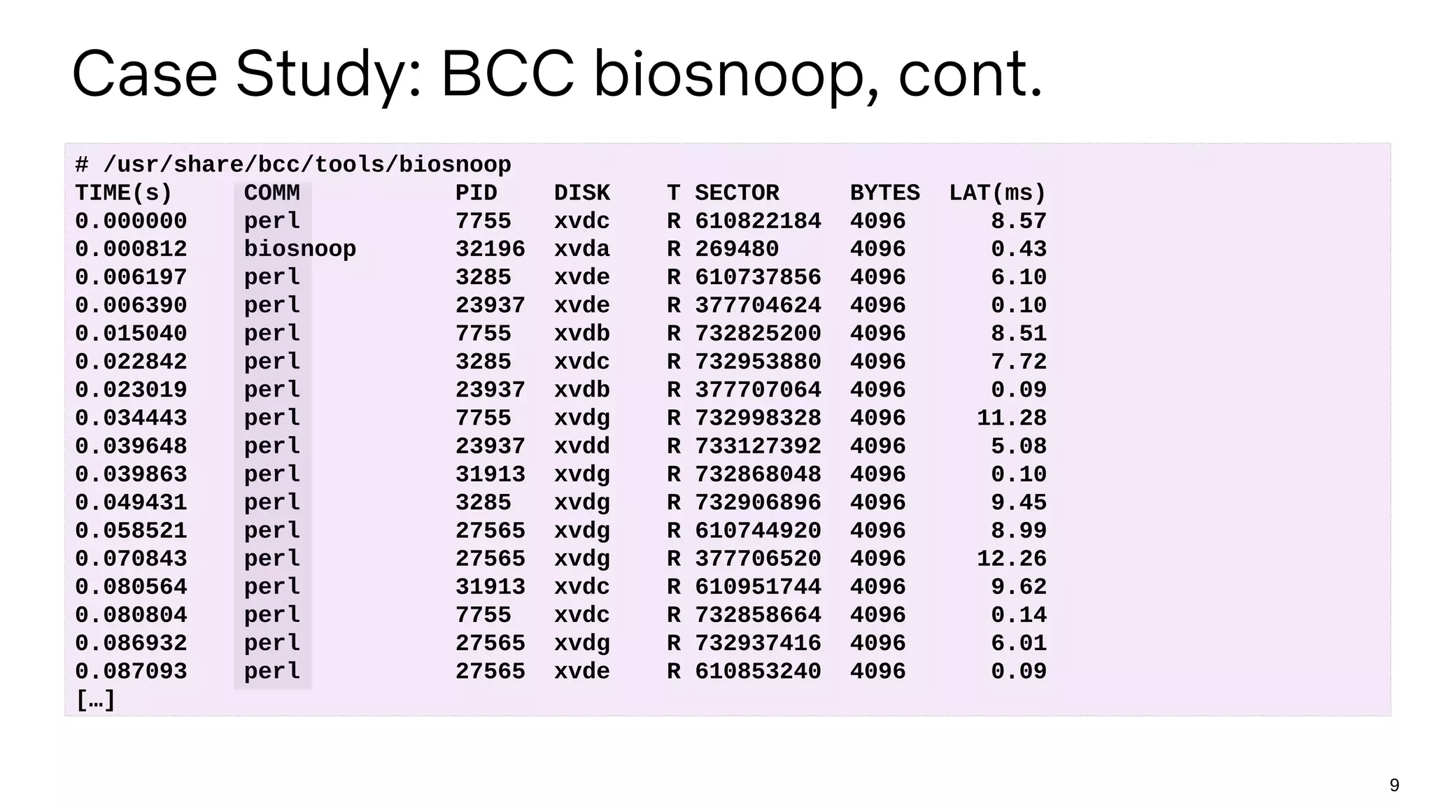 9
Case Study: BCC biosnoop, cont.
# /usr/share/bcc/tools/biosnoop
TIME(s) COMM PID DISK T SECTOR BYTES LAT(ms)
0.000000 perl 7755 xvdc R 610822184 4096 8.57
0.000812 biosnoop 32196 xvda R 269480 4096 0.43
0.006197 perl 3285 xvde R 610737856 4096 6.10
0.006390 perl 23937 xvde R 377704624 4096 0.10
0.015040 perl 7755 xvdb R 732825200 4096 8.51
0.022842 perl 3285 xvdc R 732953880 4096 7.72
0.023019 perl 23937 xvdb R 377707064 4096 0.09
0.034443 perl 7755 xvdg R 732998328 4096 11.28
0.039648 perl 23937 xvdd R 733127392 4096 5.08
0.039863 perl 31913 xvdg R 732868048 4096 0.10
0.049431 perl 3285 xvdg R 732906896 4096 9.45
0.058521 perl 27565 xvdg R 610744920 4096 8.99
0.070843 perl 27565 xvdg R 377706520 4096 12.26
0.080564 perl 31913 xvdc R 610951744 4096 9.62
0.080804 perl 7755 xvdc R 732858664 4096 0.14
0.086932 perl 27565 xvdg R 732937416 4096 6.01
0.087093 perl 27565 xvde R 610853240 4096 0.09
[…]
 