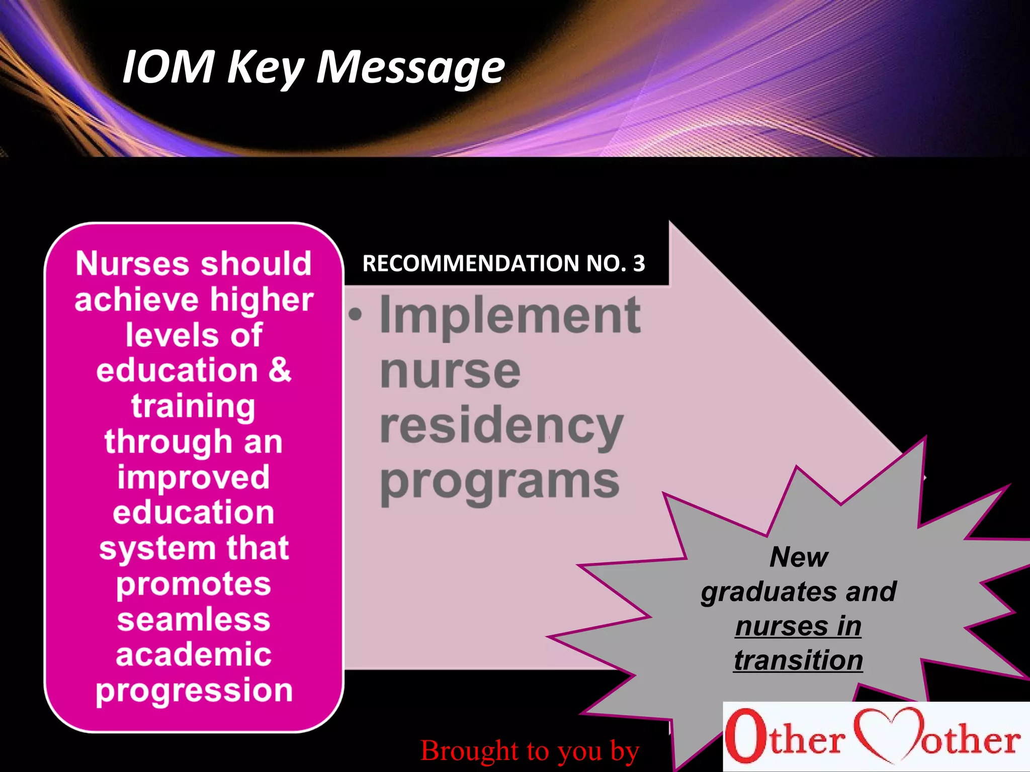 73
IOM Key Message
RECOMMENDATION NO. 3
New
graduates and
nurses in
transition
Brought to you by
 