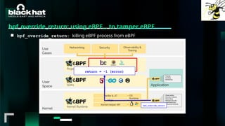 #BHMEA24 www.blackhatmea.com
|
|
bpf_override_return: using eBPF… to tamper eBPF
■ bpf_override_return: killing eBPF process from eBPF
bpf_override_return
return = -1 (error)
 