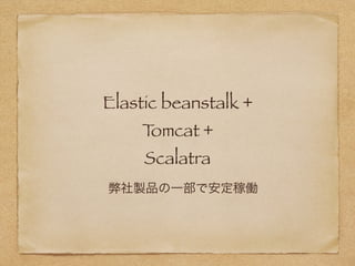 Elastic beanstalk +
Tomcat +
Scalatra
弊社製品の一部で安定稼働
 