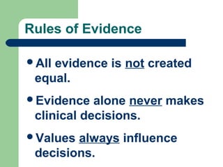 Rules of Evidence
All

evidence is not created
equal.

Evidence

alone never makes
clinical decisions.

Values

always influence
decisions.

 