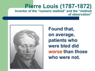 Pierre Louis (1787-1872)

Inventor of the “numeric method” and the “method
of observation”

Found that,
on average,
patients who
were bled did
worse than those
who were not.

 