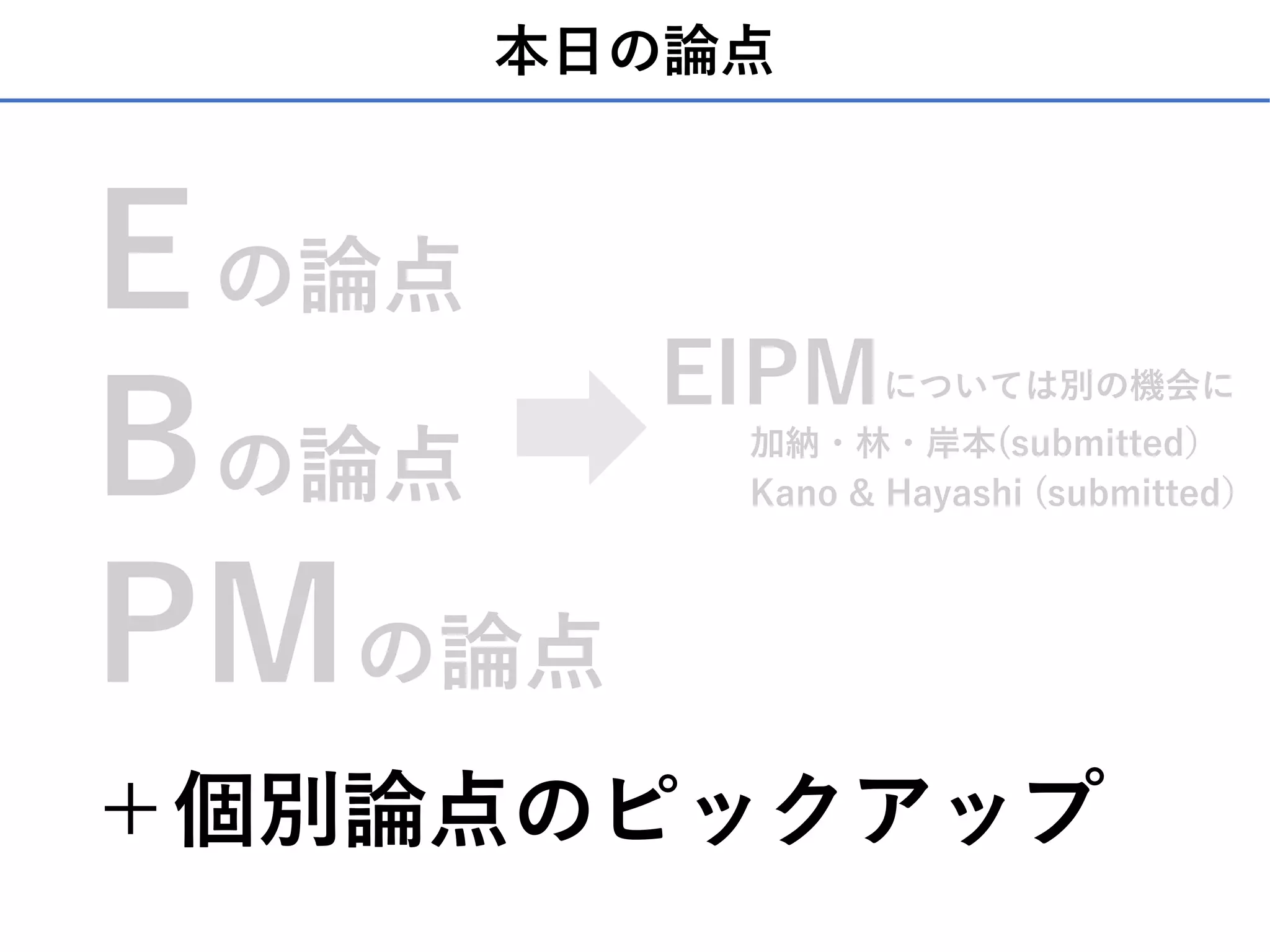 本⽇の論点
E
B
PM
EIPM
加納・林・岸本(submitted）
Kano & Hayashi (submitted）
の論点
の論点
の論点
については別の機会に
＋個別論点のピックアップ
 