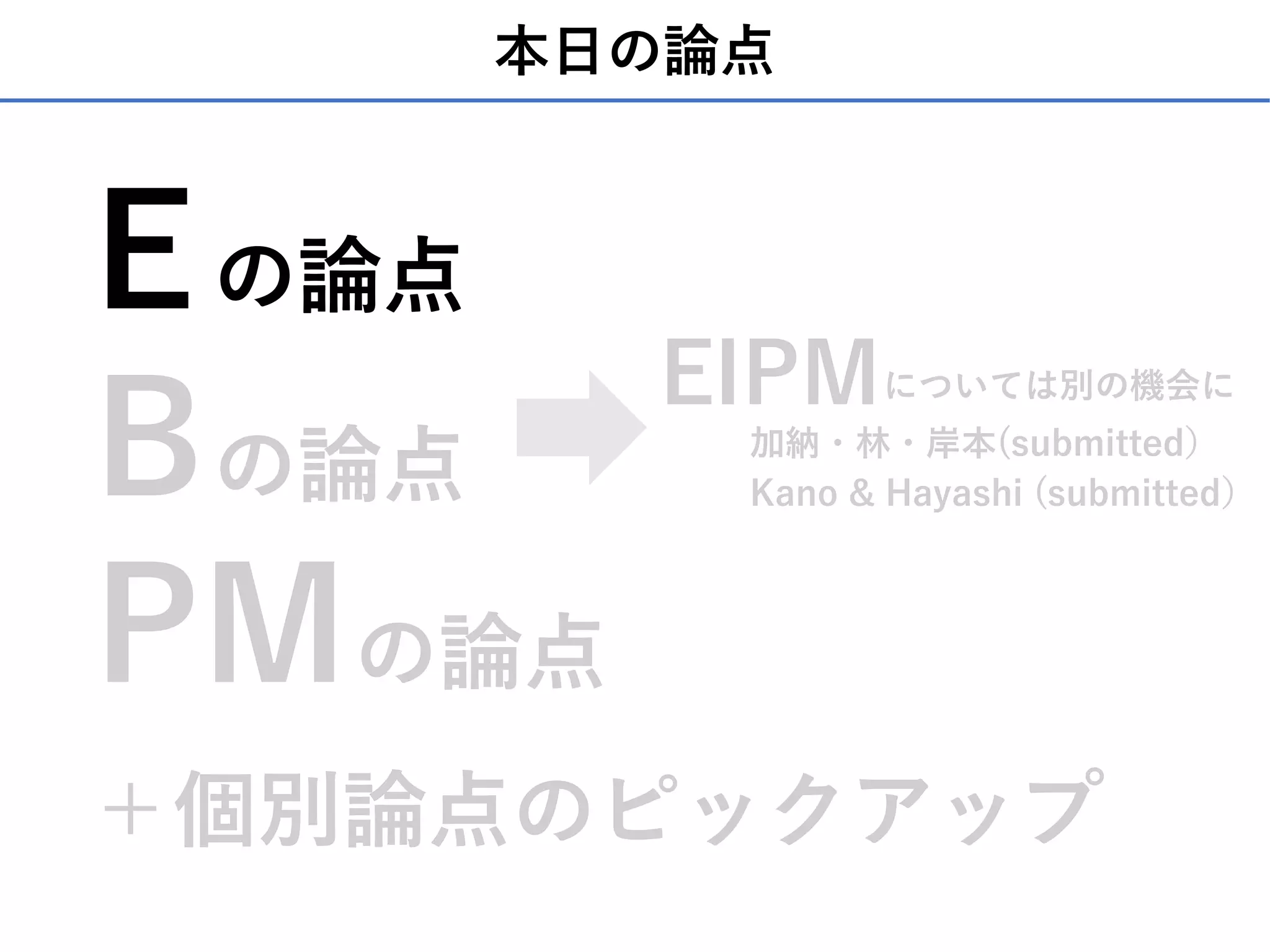 本⽇の論点
E
B
PM
EIPM
加納・林・岸本(submitted）
Kano & Hayashi (submitted）
の論点
の論点
の論点
については別の機会に
＋個別論点のピックアップ
 