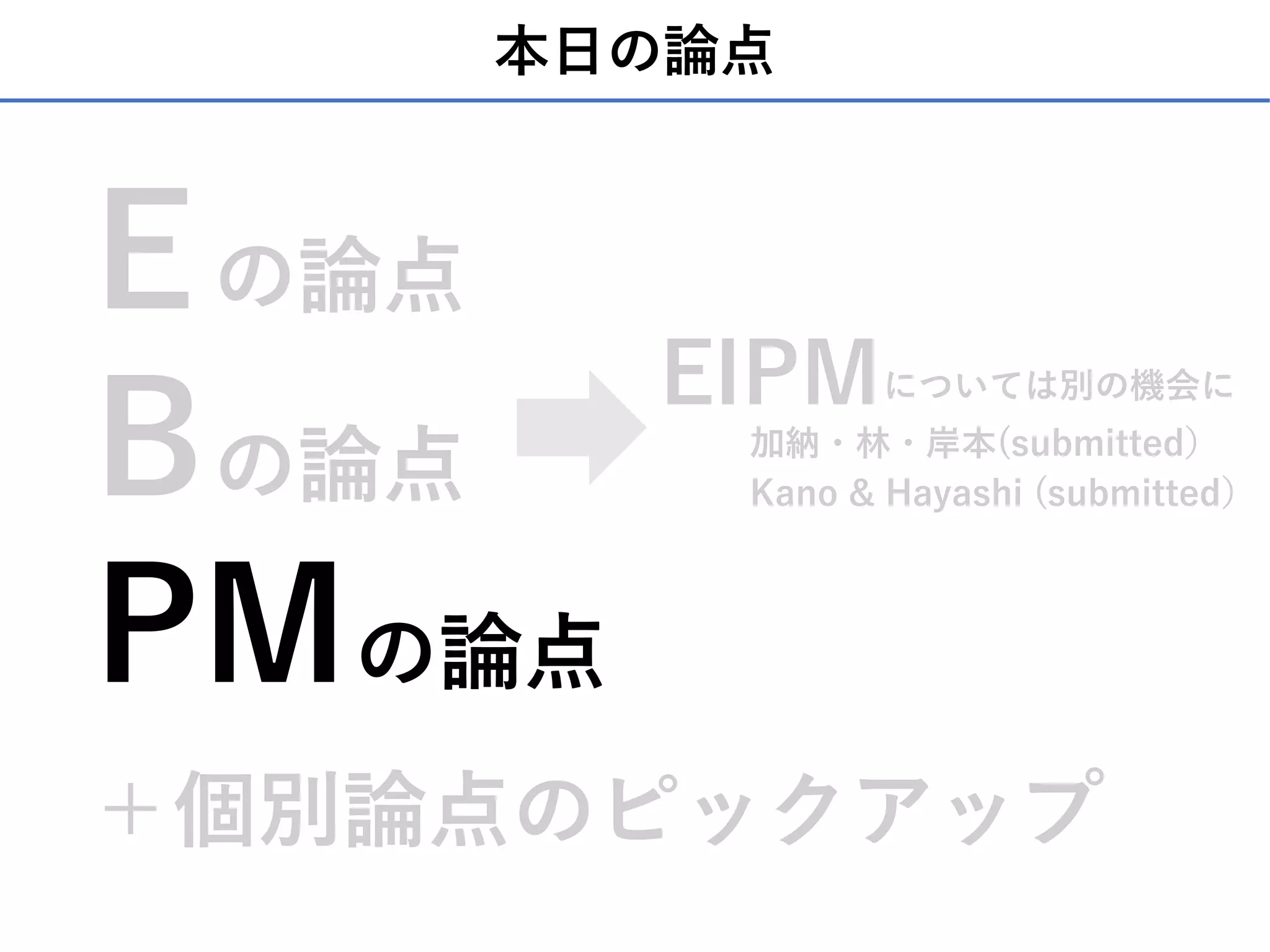 本⽇の論点
E
B
PM
EIPM
加納・林・岸本(submitted）
Kano & Hayashi (submitted）
の論点
の論点
の論点
については別の機会に
＋個別論点のピックアップ
 