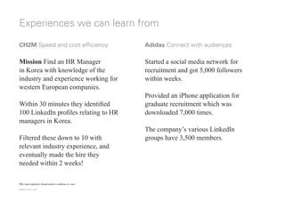 Experiences we can learn from

CH2M Speed and cost efficiency                     Adidas Connect with audiences

Mission F...