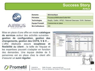 Success Story
Airbus
12/04/2014
Séminaire 2012
SARL Prometil - www.prometil.com
42 av du Général de Croutte 31100 TOULOUSE 16
Domaine Aéronautique
Périmètre Processus/Méthodes/Outils/V&V
Technologies Reqtify / GeMo / HPQC / Rational Clearcase / SVN / Starteam
Equipe Prometil 5 personnes en place
Nb d’utilisateurs 500
Mise en place d’une offre en mode catalogue
de services autour des activités suivantes :
gestion de configuration, gestion des
changements, gestion des COTS, V & V…
L’offre déployée assure souplesse et
flexibilité au client ; la taille de l’équipe et
les expertises pouvant s’adapter en fonction
des demandes. Une équipe dédiée de 5
personnes est en place chez le client afin
d’assurer un suivi régulier.
 